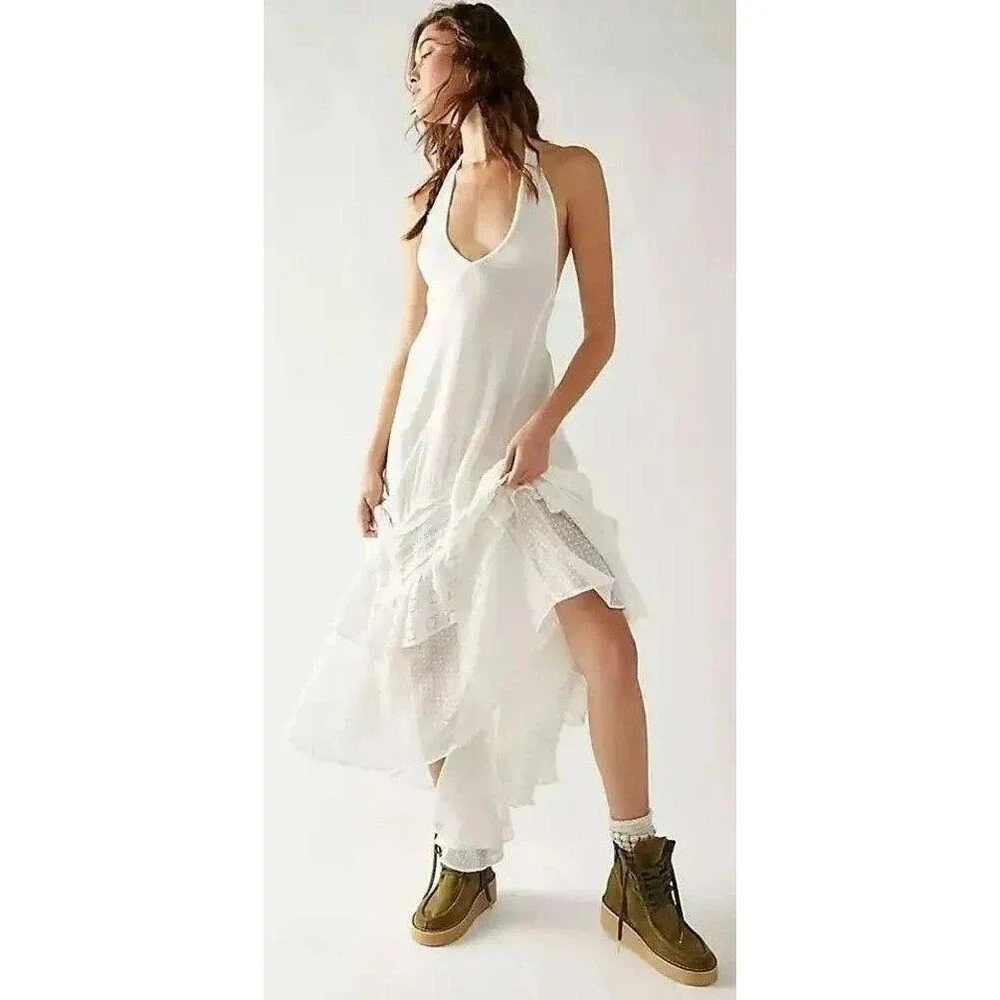 Free People Free Est Slice Of Heaven Halter Midi Dress Ruffle Tiered S 285221